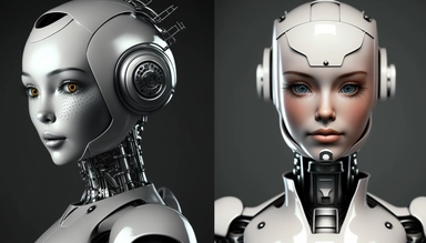 a clipart robot evolving into realistic friendly AI android