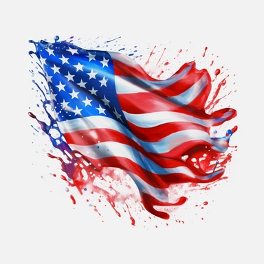 Hanging American Flag, 4th of July Clipart, graphic design, flat design, USA Flag Star Strip, Flower, Home of the Free, watercolor American Flag splashes, highly detailed clean, photorealistic masterpiece, professional photography, White background, isometric, vibrant color vector,