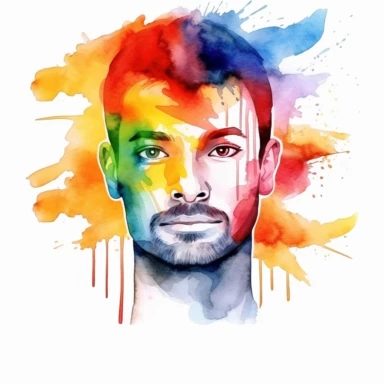 watercolor clipart small pride flag painted on a mans cheek, watercolor, illustration white bg