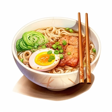 watercolor, hyper realistic, white background, white margins, 16k, ultra detailed clipart, cut out image, hand-drawn a steaming hot bowl of ramen noodles topped with sliced pork, bamboo shoots, and green onions, in the style of anime art, detailed shading, heavy shading