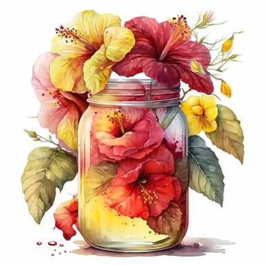 [1284223575] Watercolor clipart. A captivating watercolor illustration showcasing the enchanting beauty of a hibiscus bouquet, the flowers painted in shades of crimson, coral, and lemon yellow, arranged elegantly in a transparent jar.. White background. No text. No caption. No logo