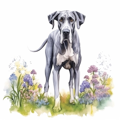 high detailed, Hand drawn watercolor clipart of a Great Dane in a wildflower field, on a pure white background for background removal, no shadow, no paint splash