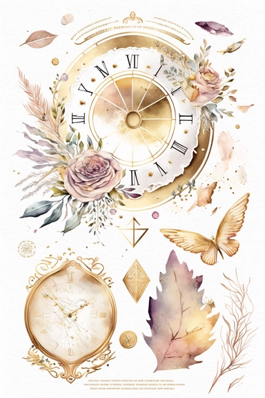 Weathered watercolor pastel clipart, soft light, white background with old page damaged by time, embossed compass, love, white beige gold rose petals, white gold butterfly, gold embossed details