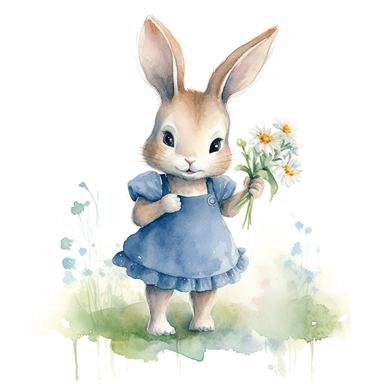watercolour clipart illustration of cute shy modest baby bunny looking to the left holding flowers wearing beautiful detailed blue summer dress, standing in woodlands background on grass with flowers on white background, in the style of hyper-realistic animal illustrations, i can't believe how beautiful this is, childlike illustrations, close up, earthy tones