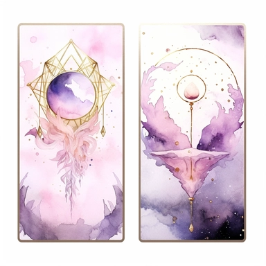 Tarot Cards, in the style of watercolor illustrations, pink and gold, soft lilac, magical and mystical, galaxy elements, modern minimal watercolor, on white background, clipart
