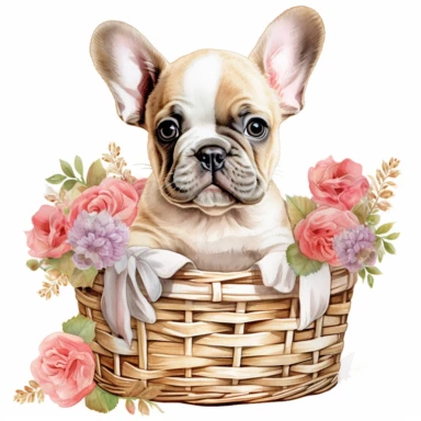 watercolour beautiful neutral white floral cute realistic French bulldog puppy in wooden wicker basket with roses dahlias peonies beautifully detailed cute face perfect facial features and ears four perfect legs and paws beautiful cute realistic French bulldog puppy, png clipart, 300dpi, graphic clipart,computer graphics,high resolution print graphics