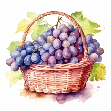 Watercolor a basket of grape Clipart ,high quality, highly detailed, watercolor , hand-drawn animation , vibrant color, bright colors, romantic, , watercolor,