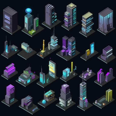 spritesheet of futuristic city buildings, isometric perspective, game sprite, sci-fi, fun, creative, cartoon, clipart, hyper-detailed, black background,