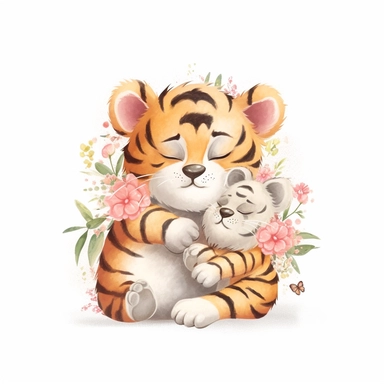 Cute floral illustration, realistic adorable baby tiger hugging his mom happy clipart, nursery style clipart, Nursery Animals Art, Kids Wall Art, Kids Room Decor, Baby Room Decor, isolated on white, ultra - detailed, high quality, ghibli style, award winning
