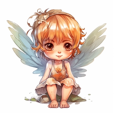 chibi little girl, big eyes, dressed as a fairy with wings on her back, beautiful and happy, she is sitting and head is turned towards camera, very detailed and realistic, watercolor, white background with margins, clipart style