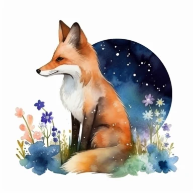A watercolor painting of a fox watching the stars in a night sky with a background of colorful flowers and plants, Watercolor clipart, isolated on white background