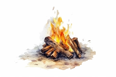 Watercolor clip art of camp fire, pure white background