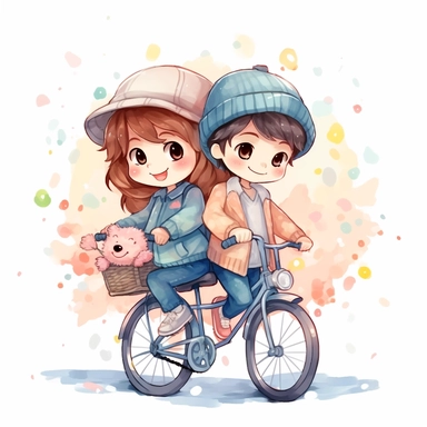 Watercolor clipart cute kawaii boy girl wearing clothes riding a tandem bile 8k