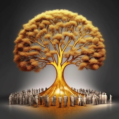 A clip art style image of a golden silver tree under its vast crown illustrates the different shadows of incarnations of different ages and backgrounds participating in conversations and social activities, general shot, 3d, game engine, creative 96% best artificial intelligence metaphysical work