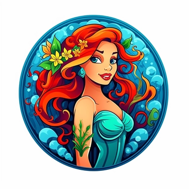 Create a vector clipart that emulates the Disney art style, showcasing a mermaid akin to Ariel from 'The Little Mermaid.' The mermaid should bear a stylish and dynamic design, complete with a vibrant, colorful mermaid tail. An emblem should be woven into the design, retaining harmony with the overall look while maintaining prominence, flowers, fish