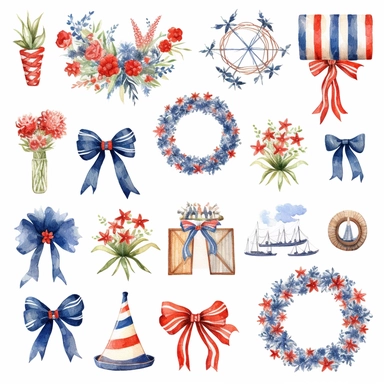 watercolor 4th of july patriotic decorations, illustrations clipart set, simple, , cartoon elements , bunting, ribbon elements, door wreaths, different variants , separate elements with a margin
