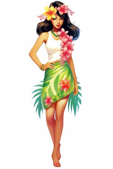 woman hawaiian luau on beach, retro cartoon, drawing clipart, Tropical Sublimation, Coconut Girl, Hibiscus, white background
