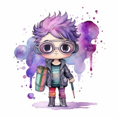 watercolor funny create kawaii marbled black ,silver, purple chibi with school supplies clipart, isolated on white background,space out--ar3:2--s1000