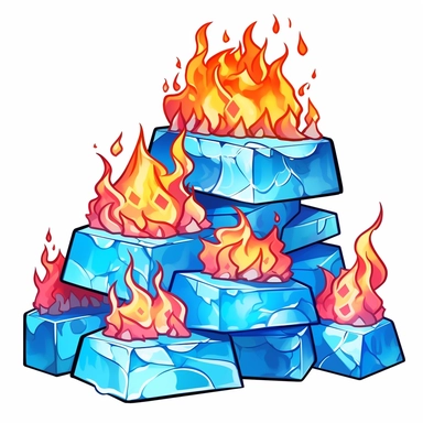 cartoon of flames on an a pile of ice cubes, fairytale cartoon art style. in style of clipart with no background