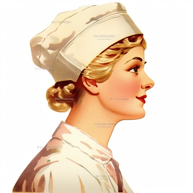Vintage 1920 side profile portrait of a female baker chef Illustration, Chromolithograph, Die Cut, 1920s Illustration, Vintage, Chromolithograph, Colorful, Antique, Ephemera, Clipart, 8k, Isolated on white
