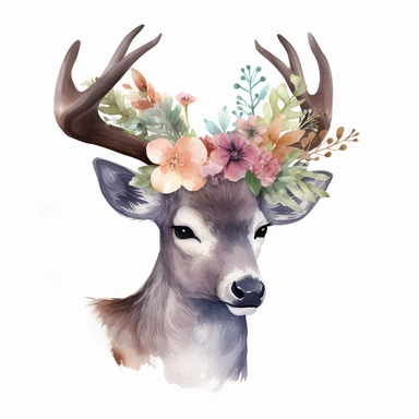 A deer with flowers in its antlers, cottagecore, vector free clipart illustration, in the style of unreal engine 5, watercolor texture, 32k uhd, detailed features, white background