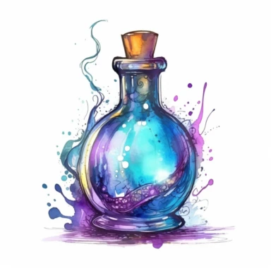 magical potion bottle, magical and mystical, video game style, clean and crisp, clipart, illustration, alchemical, smoke and embelishments, wizards potions, isolated on white background