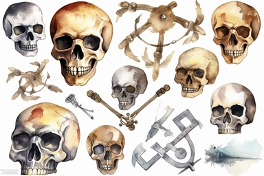 watercolor Skull and crossbones clipart, HD, with white background, spaced out