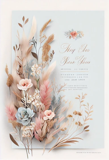 beautiful, intricate, sharp focus, light blue, tan, and pink flowers, boho wedding invitation with white fluffy tail flowers, dried grasses, show entire invitation, no border, clipart, on white background, flat lay, extreme detail, wedding invitation,