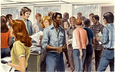 watercolor 1970's crowded high school classroom with half black student standing in the back clipart,in the style of Eleanor Campbell and Keith Ward high resolution