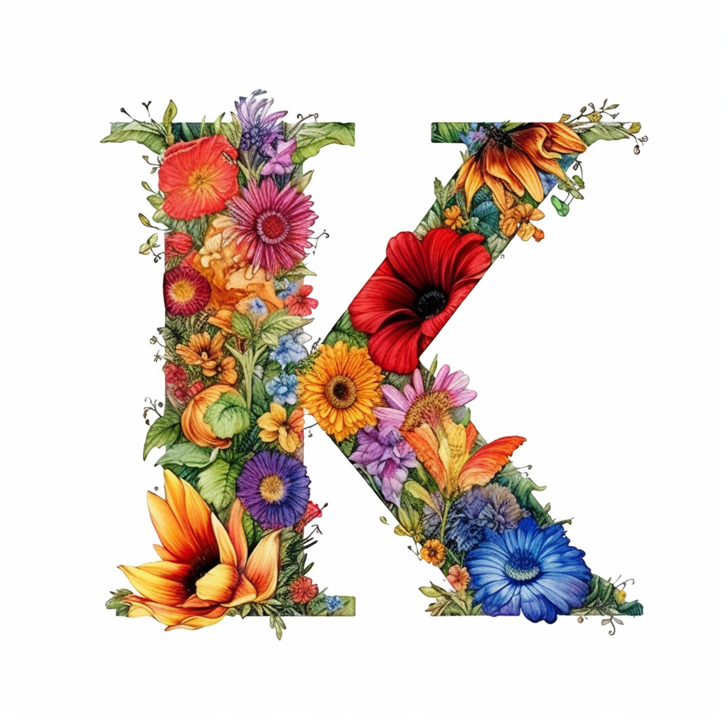 A digital illustration of the flower alphabet clipart for the letter K ...