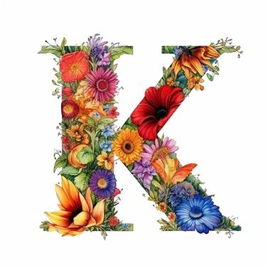 A digital illustration of the flower alphabet clipart for the letter K, featuring a vibrant and whimsical style reminiscent of the works of Beatrix Potter. The letter K is creatively formed by a variety of colorful and intricate flowers, each with its own unique shape and petal arrangement. Against a clean white background, the floral K stands out prominently, exuding a sense of elegance and natural beauty. Soft, diffused lighting ensures that every detail of the flowers is showcased with clarit