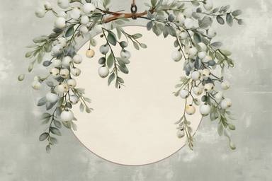 christmas mistletoe floral clipart, illustration of mistletoe wreath, in the style of installation creator, symbolist creations, painted illustrations, rustic texture, cinquecento, commission for, japanese-inspired motifs