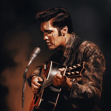 portrait view, full view, beautiful image of Elvis Presley with guitar and microphone, romantic, fantasy, sharp focus, high detail, 8k, illustration clipart style, transparent background, (--iw 10)