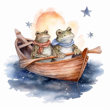 cute Cottagecore frog and toad in a boat on a pond with celestial accents, Clipart, watercolor, white background with margins