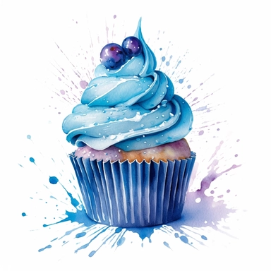 blue cupcake. splashes and sparkles. white background. clipart. watercolour