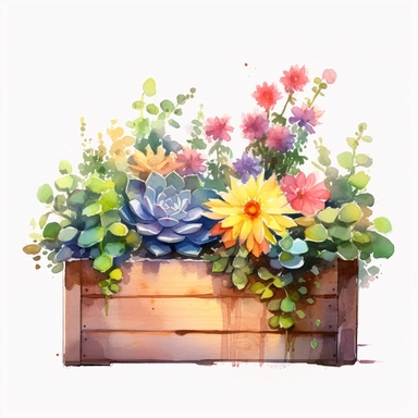 Clipart, a watercolor painting of a wooden flower box filled with beautiful flowers and plants, in the style of yanjun cheng, colorful animations, rough clusters, clean and simple designs, leica cl, warm color palettes, colorful washes, white background