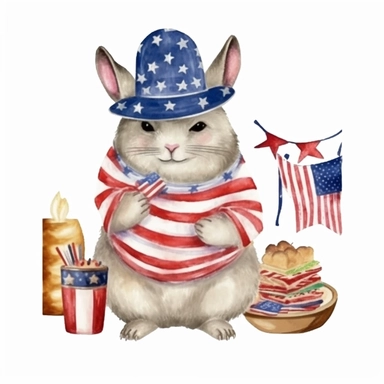 4th Of July cute Chinchilla, watercolor illustration for kids and children, clipart, sublimation, white background
