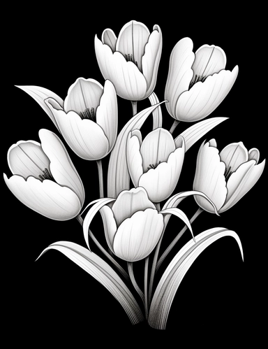 coloring book page of realistic Crocus flowers, in the style of Al Hirschfeld, plain white over black background, clipart coloring book page black background, complete image in boundaries