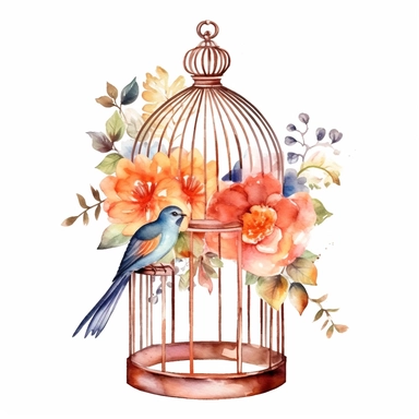 A boho-style birdcage clipart, white background, watercolor drawing