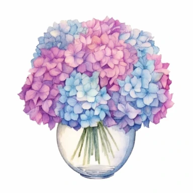 Design a dreamy watercolor clipart of a Centerpiece arrangement with a Bouquet of hydrangeas in shades of blue, purple, and pink arranged in a compact design composition, hand-painted with soft and graceful brushstrokes. Draw inspiration from the artistic finesse of Ethereal Petals Watercolors for a refined and ethereal depiction. isolated on a white background, hand-drawn illustration, hand-painted watercolor texture, 16k UHD resolution, intricately detailed, sharp focal points, designed by Ana