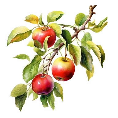 Botanical illustration, a branch of apples, sharp outlines, sharp handwriting watercolor clip art, comics, full size watercolor, watercolor style, Timothy Easton's style