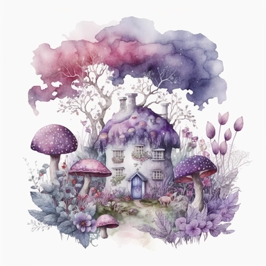 Watercolour light purple Magic Mystical Mushroom clipart with white background cottage surrounded by fruits and front garden, with purple buttlerflys