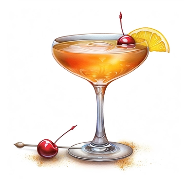 imagine watercolour cocktail, clipart, white background, realistic, amaretto sour cocktail, coupe glass, Marashcino cherry garnish, white foam