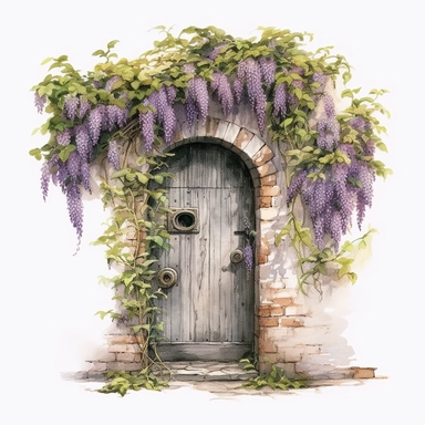 Wisteria Secret garden door hidden behind ivy-covered walls, clipart, watercolor Illustration, Sublimation graphics, by Beatrix Potter, single design, print on demand image, PNG transparent background, white background, 8k