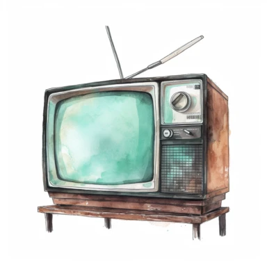 tv, vintage atmosphere, mint green and brown color theme, watercolor, clipart, hyperrealistic, white background