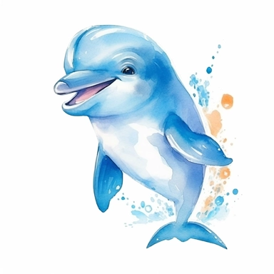 watercolor happy baby cartoon dolphin clipart, bright color with smooth edges