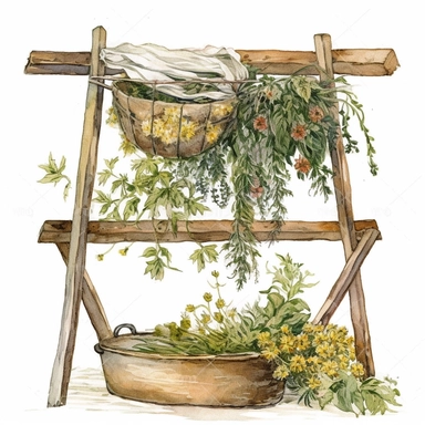 Watercolour illustration, Rustic Herb Drying Rack: Clipart featuring a rustic herb drying rack adorned with freshly harvested herbs and flowers, on white background