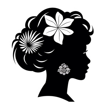 beautiful mermaid logo with flowers in hair, blowing a conch shell, black clipart silhouette in black with white background,
