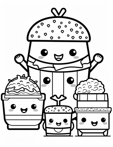 Burger Buddies: A kawaii burger family, featuring a hamburger, cheeseburger, and veggie burger with smiling faces For Simple Coloring page,line art, thick lines, black and white,clipart, illustration, on white background