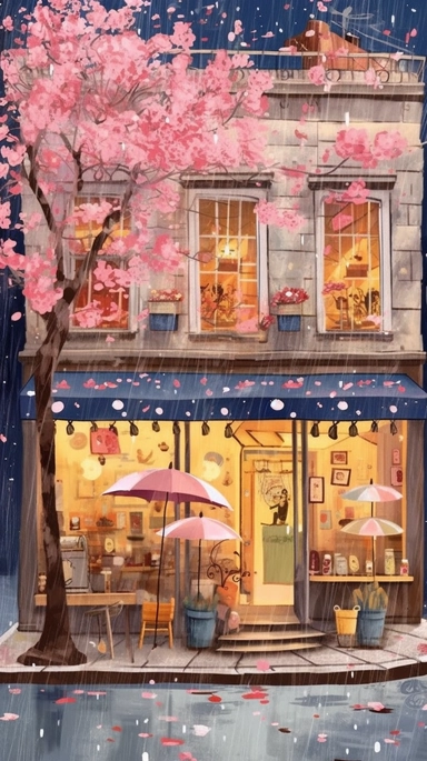 Very very cute and Whimsical quirky Jazzy coffee shop, building corner, cherry tree blossom, Raining colorful, Watercolored illustration in the style of Michael Powell, clipart, city vibe background - 8K